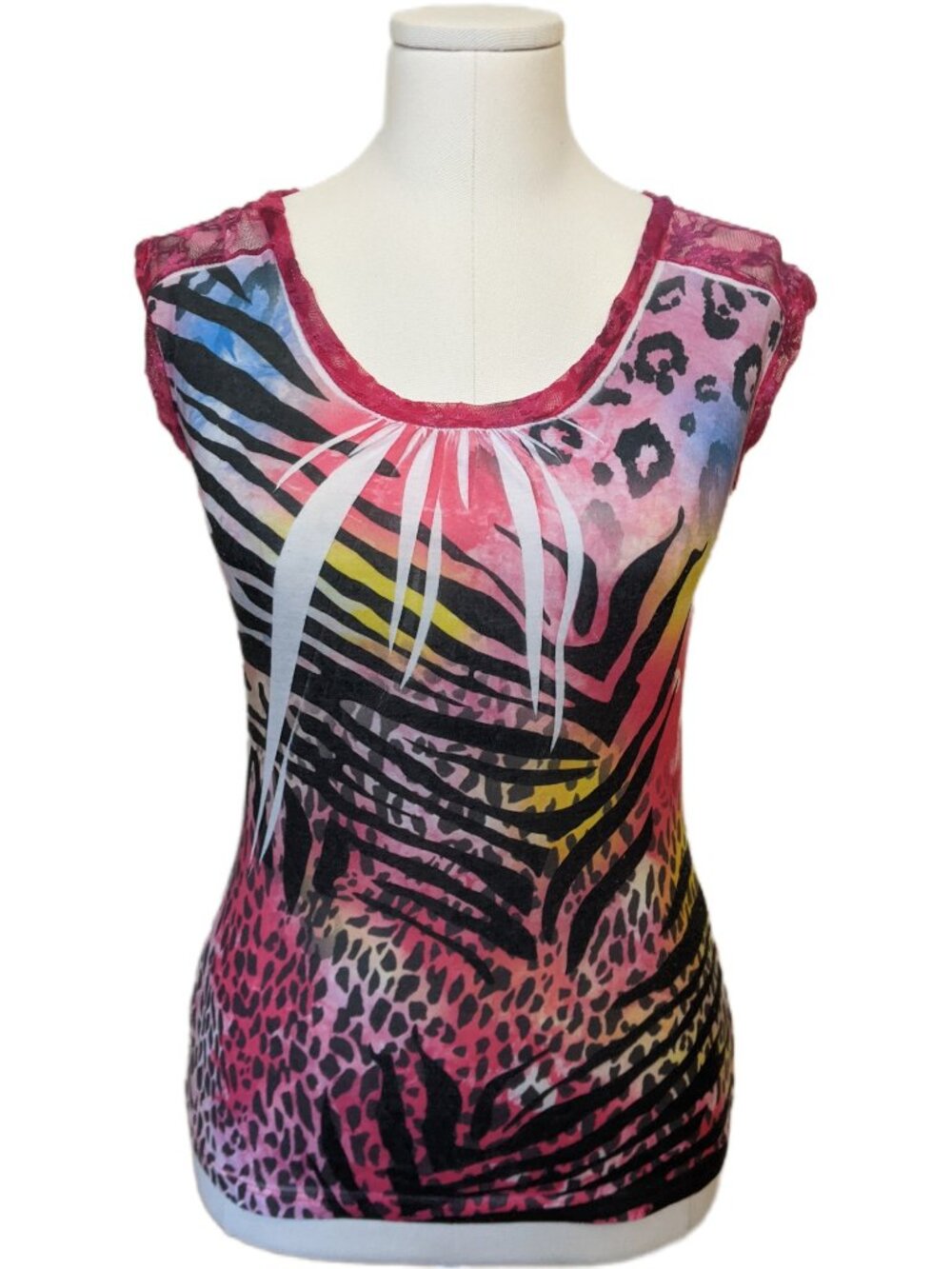 Vintage Y2K Pink Leopard Zebra Animal Print Lace Panel Top Glam Sleaze Party S